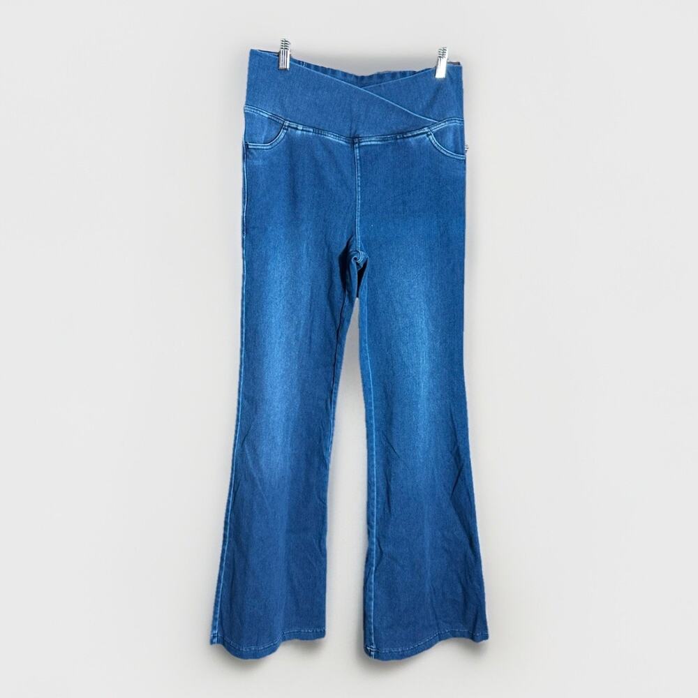 Rae Mode Blue Denim Flare Jeans Crossover Waistband Pull On Size 1XL